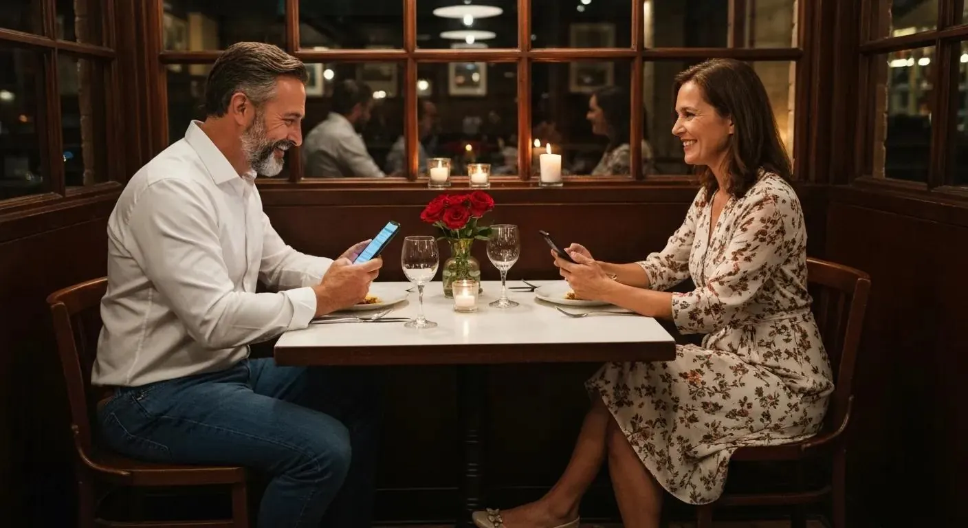 A couple enjoying a meal at a restaurant while using the MileagePlus Dining app on their phone