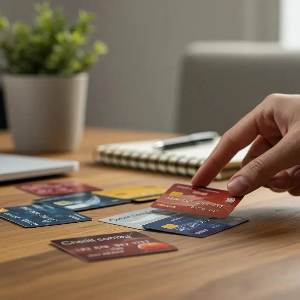 A collection of different credit cards laid out on a table, showcasing the variety of credit card rewards available