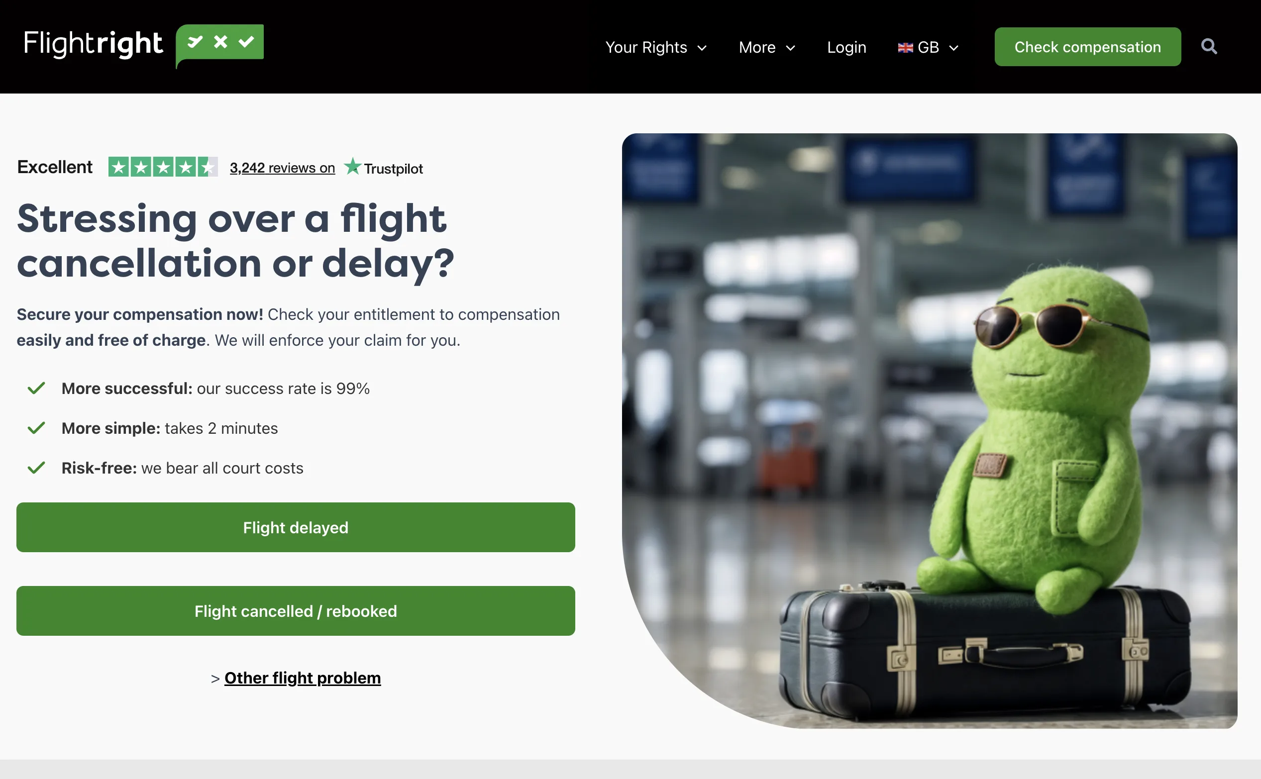 The Flightright claim status page for a disputed claim